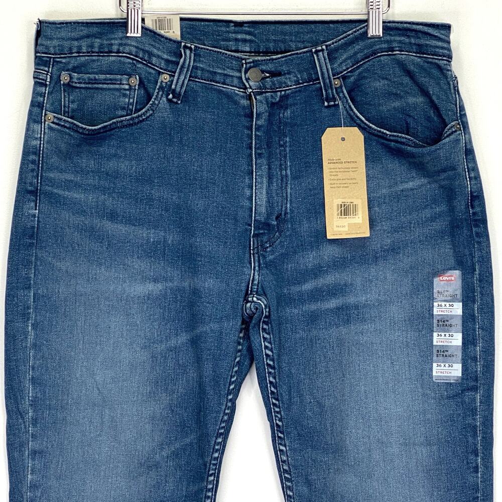 Levis 514 Straight Leg Stretch Blue Jeans Mens 36 x 30 Blank Tab Medium Wash NWT